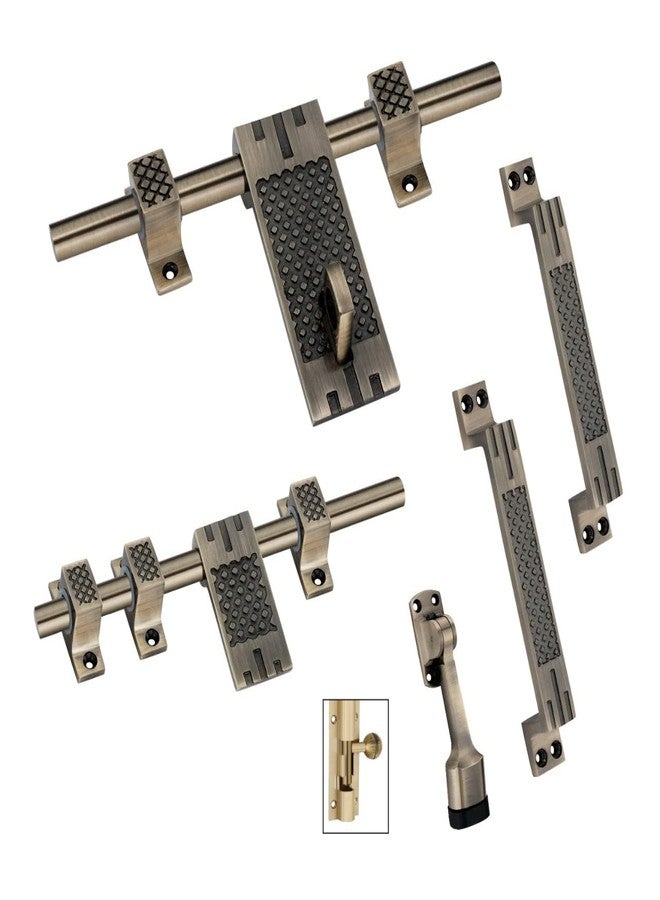 دوق ديوك | تجهيزات ومجموعة أبواب مفردة | مربع (10 بوصات - مزلاج واحد، 8 بوصات - مزلاج واحد، مقبضان، مزلاج برج واحد، ومصد باب واحد) | تشطيب نحاسي عتيق | أدوات أبواب بتصميم أنيق - Image 1